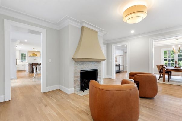Dining room, Fireplace, Interior, Kitchen, Living room, Pendant Lights, Recessed Lighting, Wood Texture Flooring