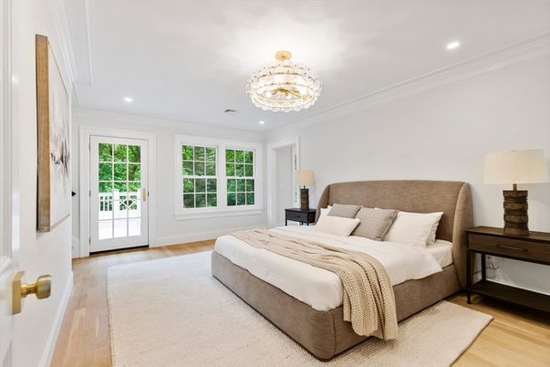 Bedroom, Chandelier, Interior, Recessed Lighting, Wood Texture Flooring