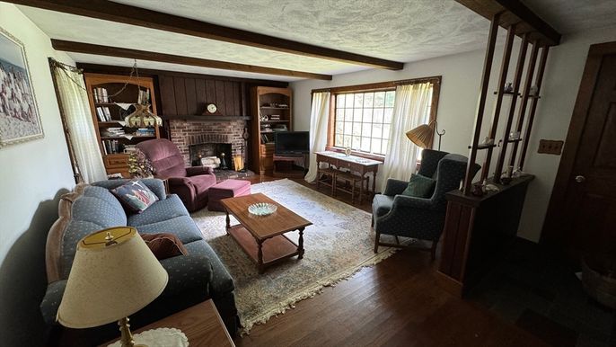 Fireplace, Interior, Living room, Wooden Beams, Wood Texture Flooring