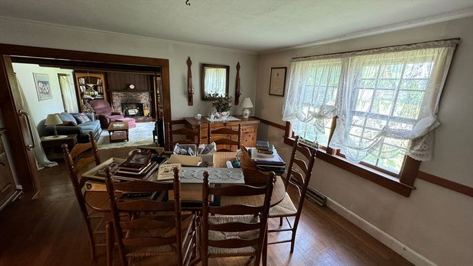 Dining room, Fireplace, Interior, Living room, Wood Texture Flooring