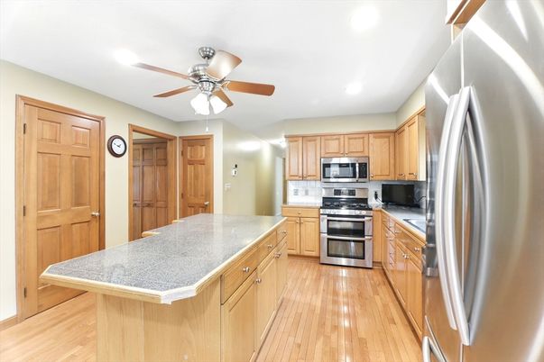 Interior, Kitchen, Recessed Lighting, Stainless Steel Appliances, Wood Texture Flooring