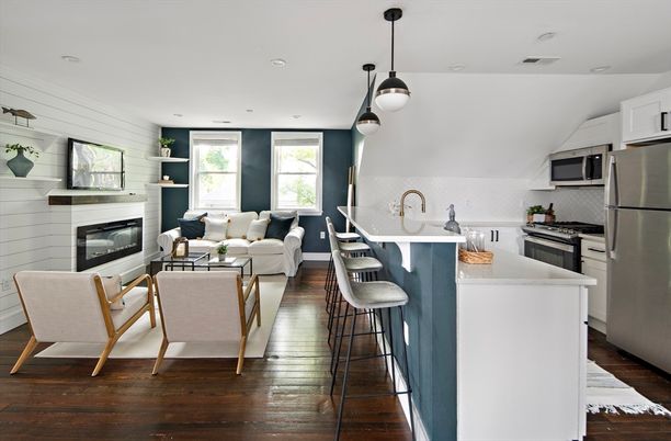 Fireplace, Interior, Kitchen, Living room, Pendant Lights, Recessed Lighting, Stainless Steel Appliances, Wood Texture Flooring