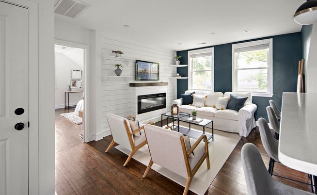Fireplace, Interior, Living room, Recessed Lighting, Wood Texture Flooring