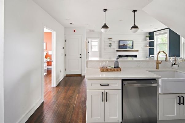 Fireplace, Interior, Kitchen, Pendant Lights, Recessed Lighting, Stainless Steel Appliances, Wood Texture Flooring
