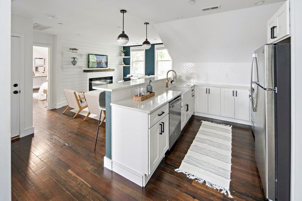Dining room, Fireplace, Interior, Kitchen, Pendant Lights, Recessed Lighting, Wood Texture Flooring