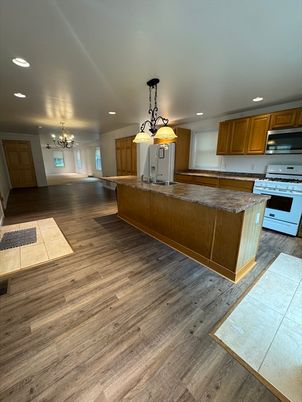 Chandelier, Interior, Kitchen, Pendant Lights, Recessed Lighting, Wood Texture Flooring