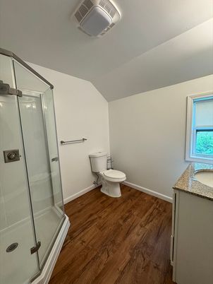Bathroom, Glass Shower, Interior, Wood Texture Flooring