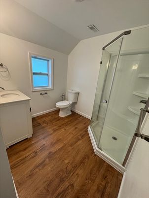 Bathroom, Glass Shower, Interior, Wood Texture Flooring