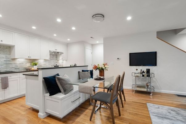 Dining room, Interior, Kitchen, Living room, Recessed Lighting, Wood Texture Flooring