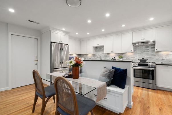 Dining room, Interior, Kitchen, Recessed Lighting, Stainless Steel Appliances, Wood Texture Flooring