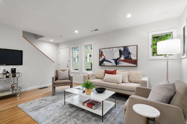 Interior, Living room, Recessed Lighting, Wood Texture Flooring