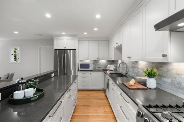 Interior, Kitchen, Recessed Lighting, Stainless Steel Appliances, Wood Texture Flooring
