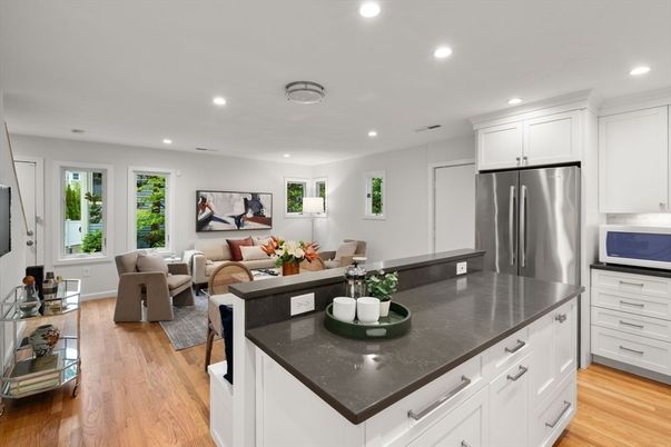 Dining room, Interior, Kitchen, Living room, Recessed Lighting, Stainless Steel Appliances, Wood Texture Flooring