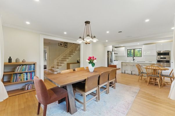 Dining room, Interior, Kitchen, Pendant Lights, Recessed Lighting, Stainless Steel Appliances, Wood Texture Flooring