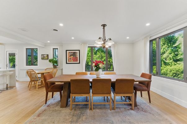Dining room, Interior, Pendant Lights, Recessed Lighting, Wood Texture Flooring