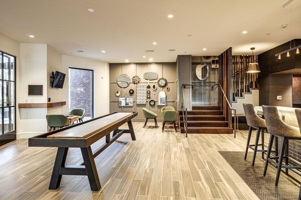 Dining room, Game Room, Interior, Pendant Lights, Recessed Lighting, Wood Texture Flooring