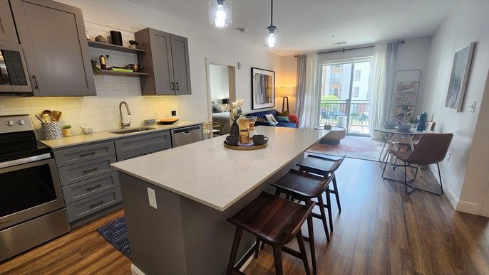 Interior, Kitchen, Pendant Lights, Recessed Lighting, Stainless Steel Appliances, Wood Texture Flooring