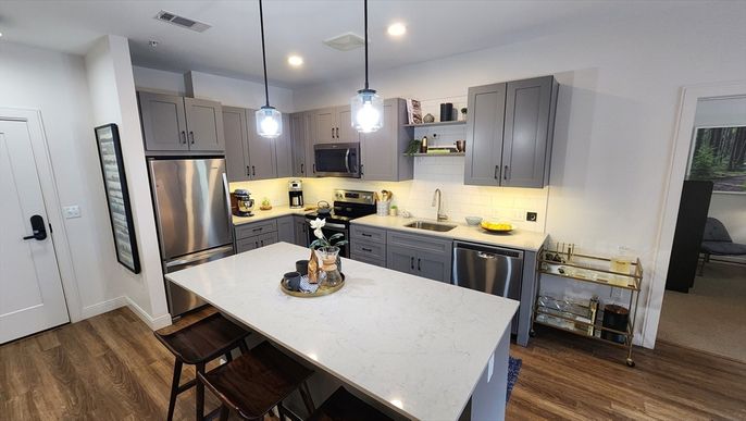 Interior, Kitchen, Pendant Lights, Recessed Lighting, Stainless Steel Appliances, Wood Texture Flooring