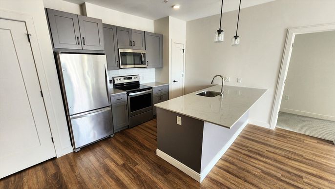 Interior, Kitchen, Pendant Lights, Recessed Lighting, Stainless Steel Appliances, Wood Texture Flooring