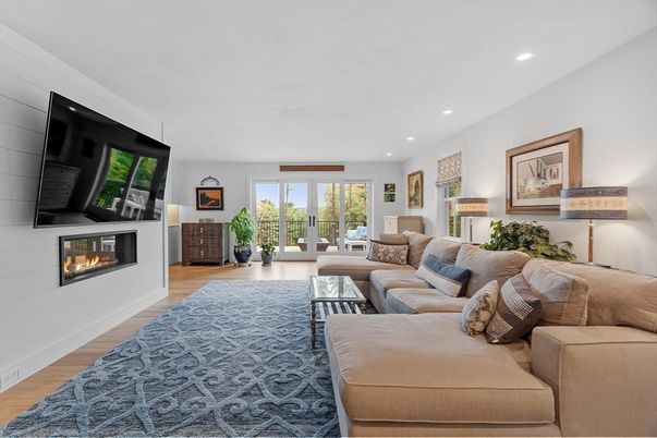 Fireplace, Interior, Living room, Recessed Lighting, Wood Texture Flooring