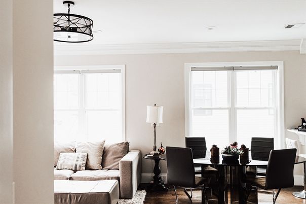 Dining room, Interior, Pendant Lights, Recessed Lighting, Wood Texture Flooring