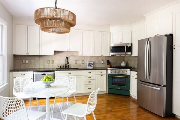 Dining room, Interior, Kitchen, Recessed Lighting, Stainless Steel Appliances, Wood Texture Flooring