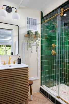 Bathroom, Glass Shower, Interior, Wood Texture Flooring