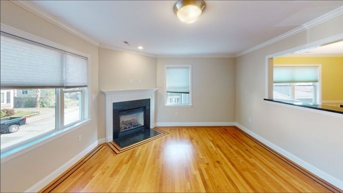Empty room, Fireplace, Interior, Recessed Lighting, Wood Texture Flooring