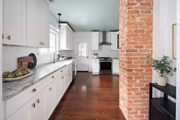 Interior, Kitchen, Pendant Lights, Recessed Lighting, Stainless Steel Appliances, Stone Walls, Wood Texture Flooring