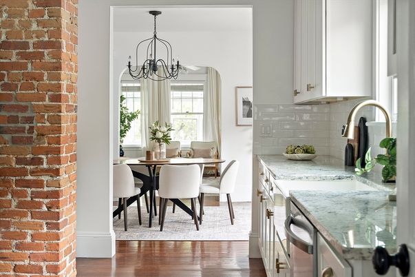 Chandelier, Dining room, Interior, Kitchen, Stone Walls, Wood Texture Flooring