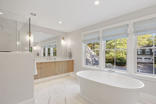Bathroom, Dual Sink Vanities, Free Standing Baths, Interior, Marble, Marble Walls, Recessed Lighting