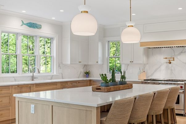 Interior, Kitchen, Marble Walls, Pendant Lights, Recessed Lighting, Wood Texture Flooring
