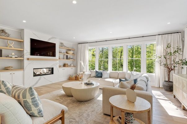 Fireplace, Interior, Living room, Recessed Lighting, Wood Texture Flooring