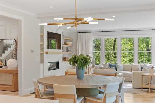 Dining room, Fireplace, Interior, Living room, Pendant Lights, Recessed Lighting, Wood Texture Flooring