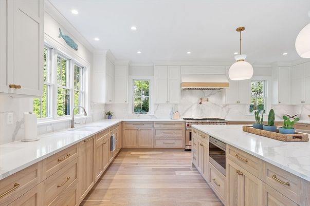 Interior, Kitchen, Marble Walls, Pendant Lights, Recessed Lighting, Wood Texture Flooring