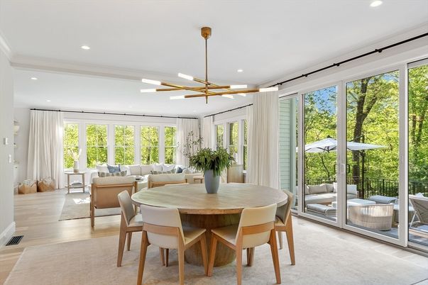 Dining room, Interior, Living room, Pendant Lights, Recessed Lighting, Wood Texture Flooring