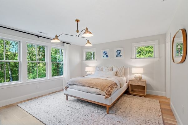 Bedroom, Interior, Pendant Lights, Wood Texture Flooring