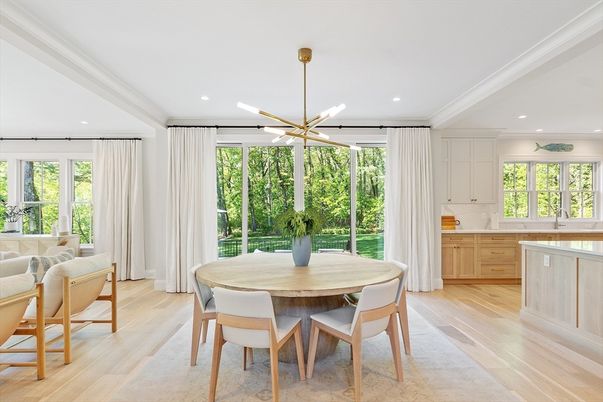 Dining room, Interior, Kitchen, Pendant Lights, Recessed Lighting, Wood Texture Flooring