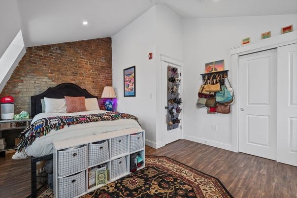 Bedroom, Interior, Recessed Lighting, Stone Walls, Wood Texture Flooring