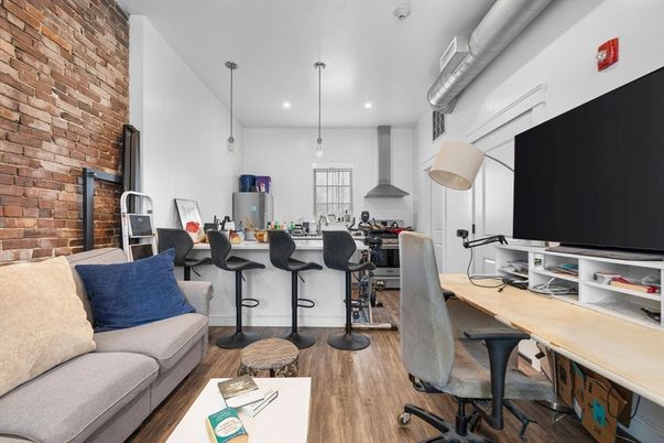 Home Office, Interior, Pendant Lights, Recessed Lighting, Stone Walls, Wood Texture Flooring