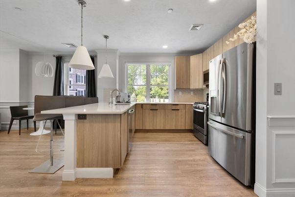 Interior, Kitchen, Pendant Lights, Recessed Lighting, Stainless Steel Appliances, Wood Texture Flooring