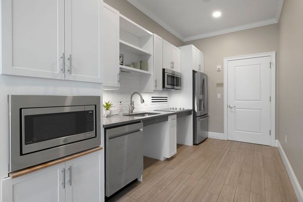 Interior, Kitchen, Recessed Lighting, Stainless Steel Appliances, Wood Texture Flooring