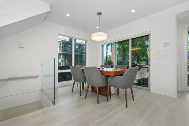Dining room, Interior, Pendant Lights, Recessed Lighting, Wood Texture Flooring