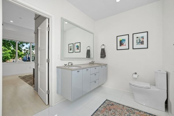 Bathroom, Dual Sink Vanities, Interior, Recessed Lighting, Wood Texture Flooring
