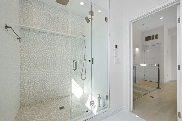 Bathroom, Glass Shower, Interior, Recessed Lighting, Wood Texture Flooring