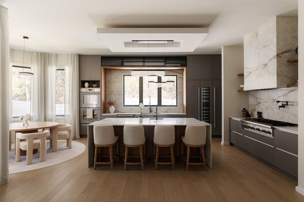 Dining room, Interior, Kitchen, Marble Walls, Pendant Lights, Stainless Steel Appliances, Wood Texture Flooring