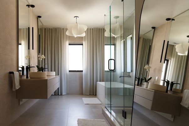 Bathroom, Dual Sink Vanities, Glass Shower, Interior, Pendant Lights