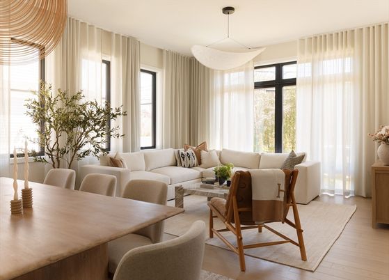 Dining room, Interior, Living room, Pendant Lights, Wood Texture Flooring