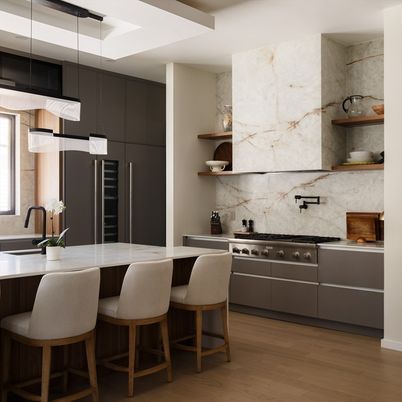 Interior, Kitchen, Marble Walls, Pendant Lights, Stainless Steel Appliances, Wood Texture Flooring