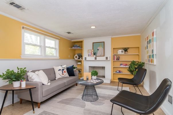 Fireplace, Interior, Living room, Recessed Lighting, Wood Texture Flooring